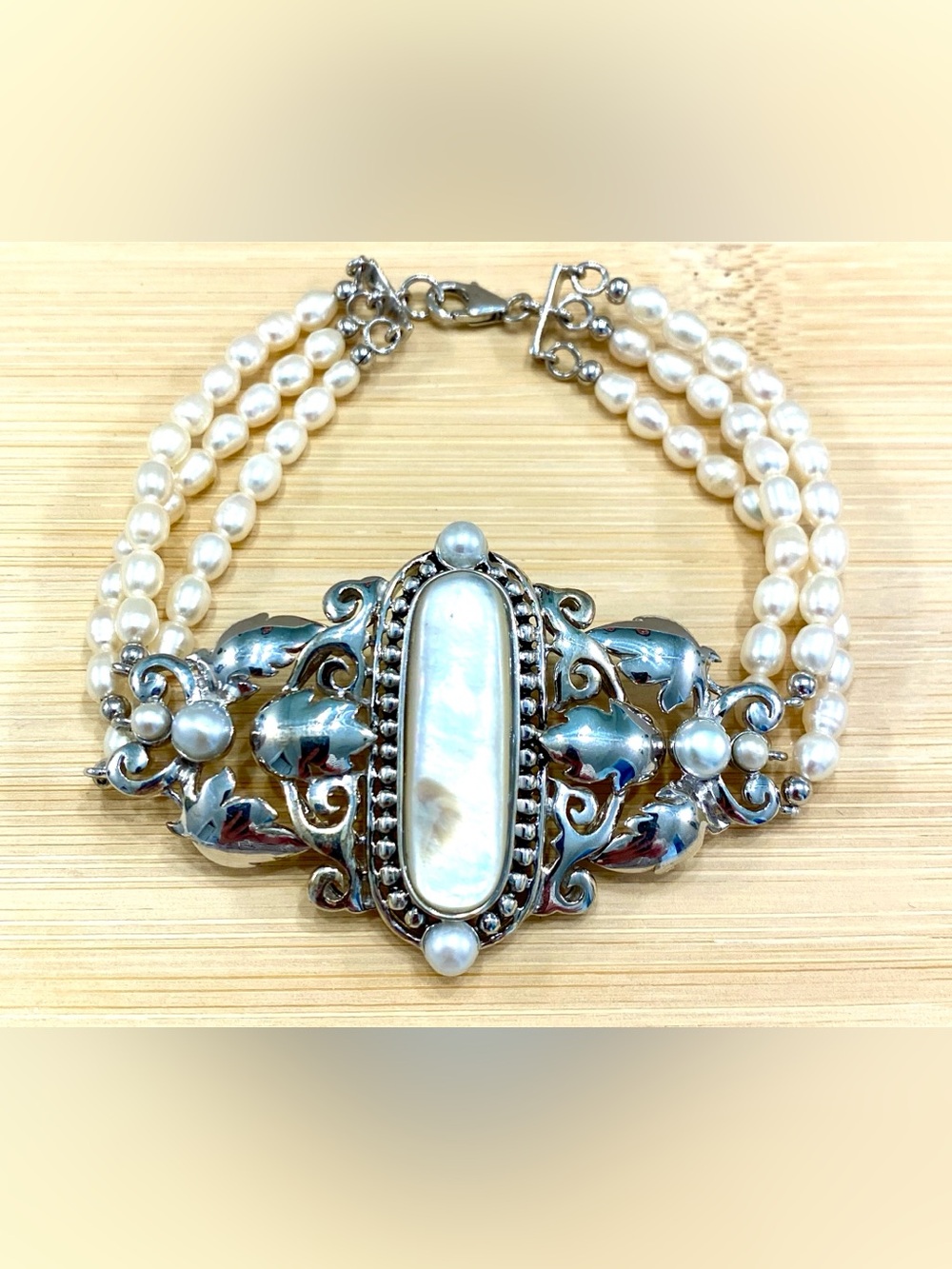 Freshwater Pearl and Silver-Tone Mother-of-Pearl Multi-Strand Bracelet